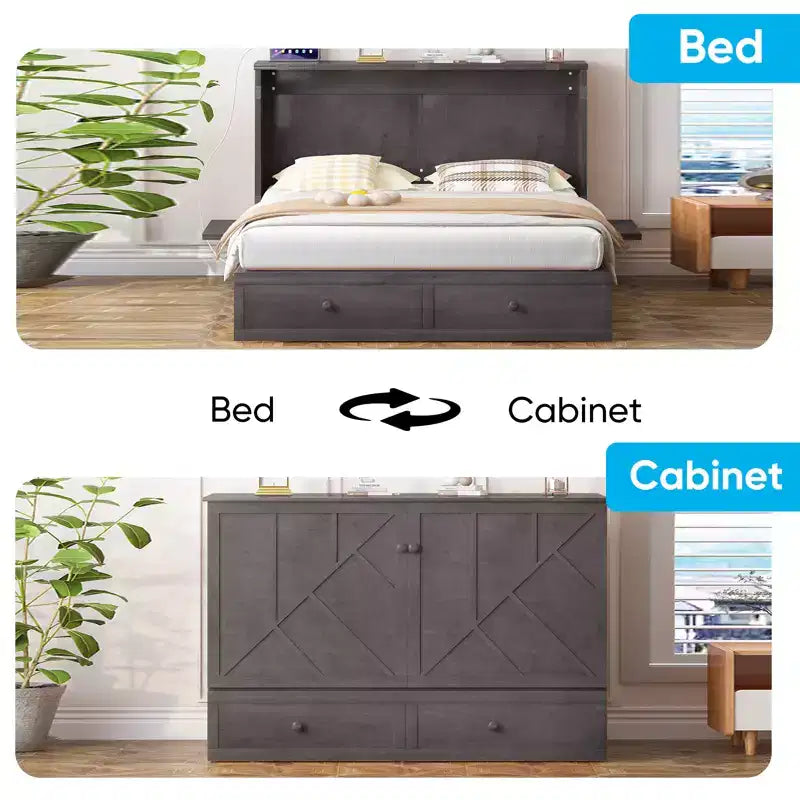 Mjkone Modern Queen Size Murphy Bed with USB ports & Foldable Mattress