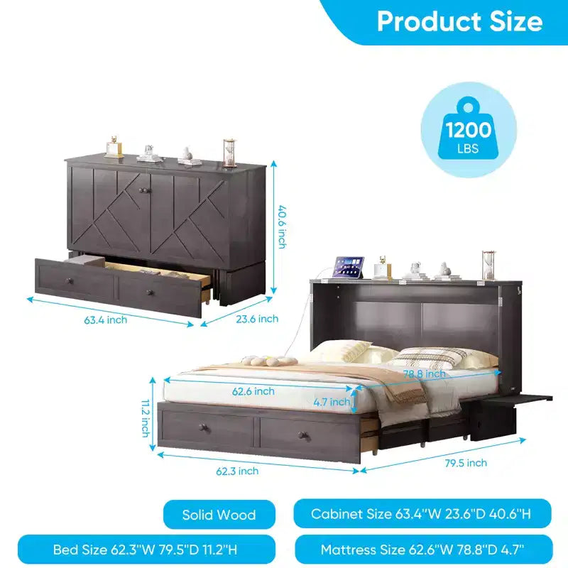 Mjkone Modern Queen Size Murphy Bed with USB ports & Foldable Mattress