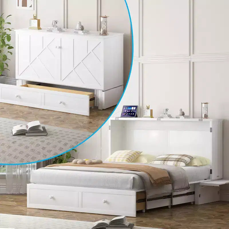 Mjkone Modern Queen Size Murphy Bed with USB ports & Foldable Mattress