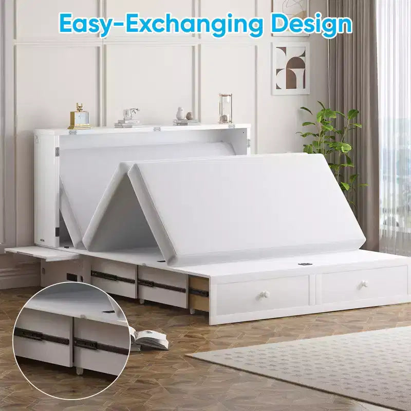 Mjkone Modern Queen Size Murphy Bed with USB ports & Foldable Mattress