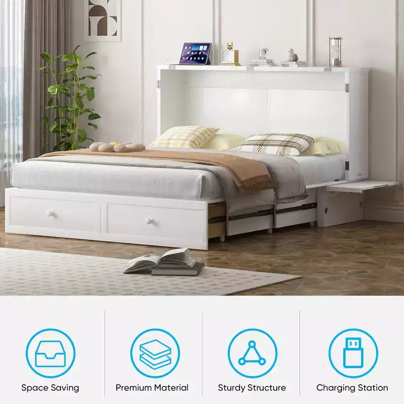 Mjkone Modern Queen Size Murphy Bed with USB ports & Foldable Mattress