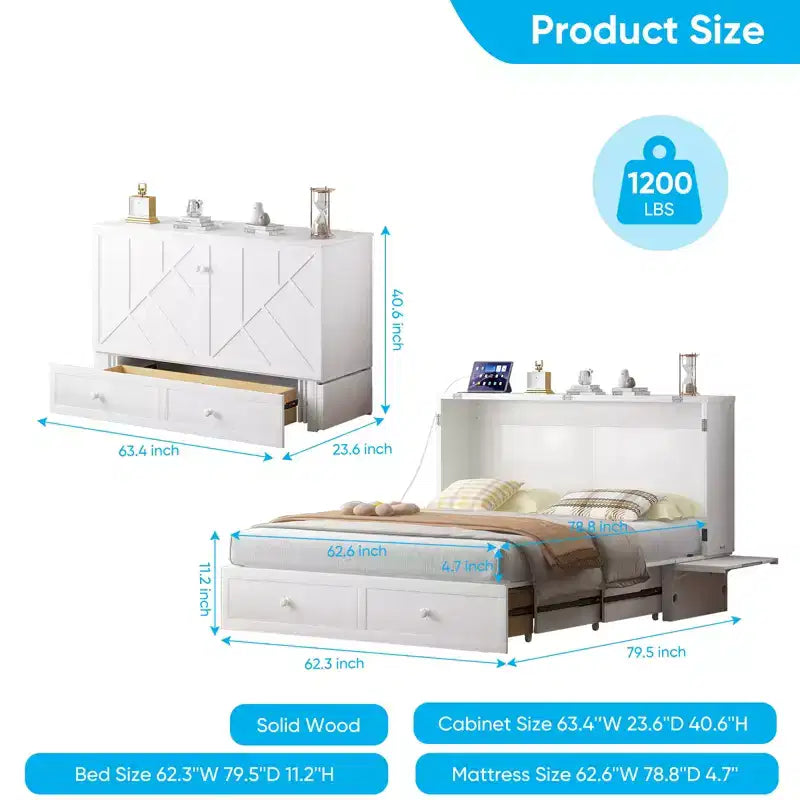 Mjkone Modern Queen Size Murphy Bed with USB ports & Foldable Mattress