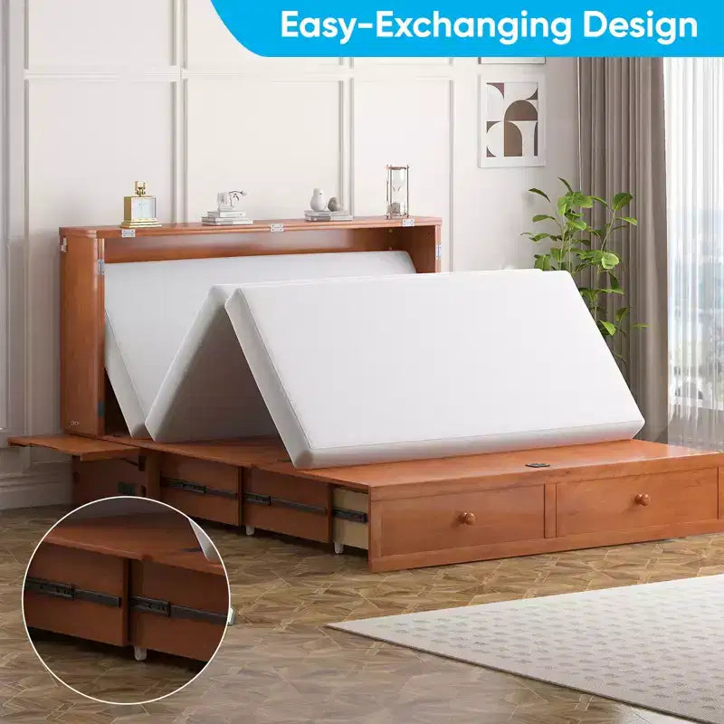 Mjkone Modern Queen Size Murphy Bed with USB ports & Foldable Mattress