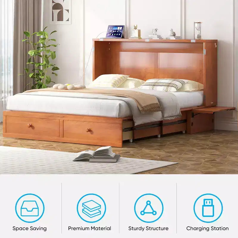 Mjkone Modern Queen Size Murphy Bed with USB ports & Foldable Mattress