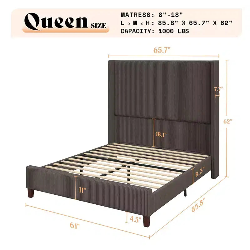 AMERLIFE Size 62 Corduroy Upholstered Bed Frame Extra Tall Wingback Headboard