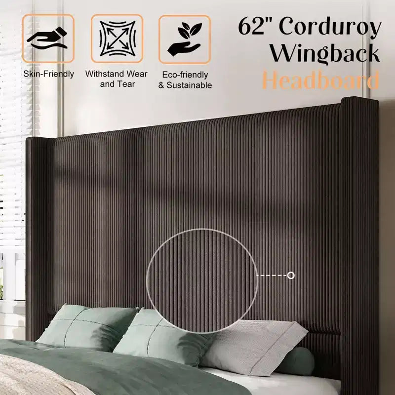 AMERLIFE Size 62 Corduroy Upholstered Bed Frame Extra Tall Wingback Headboard