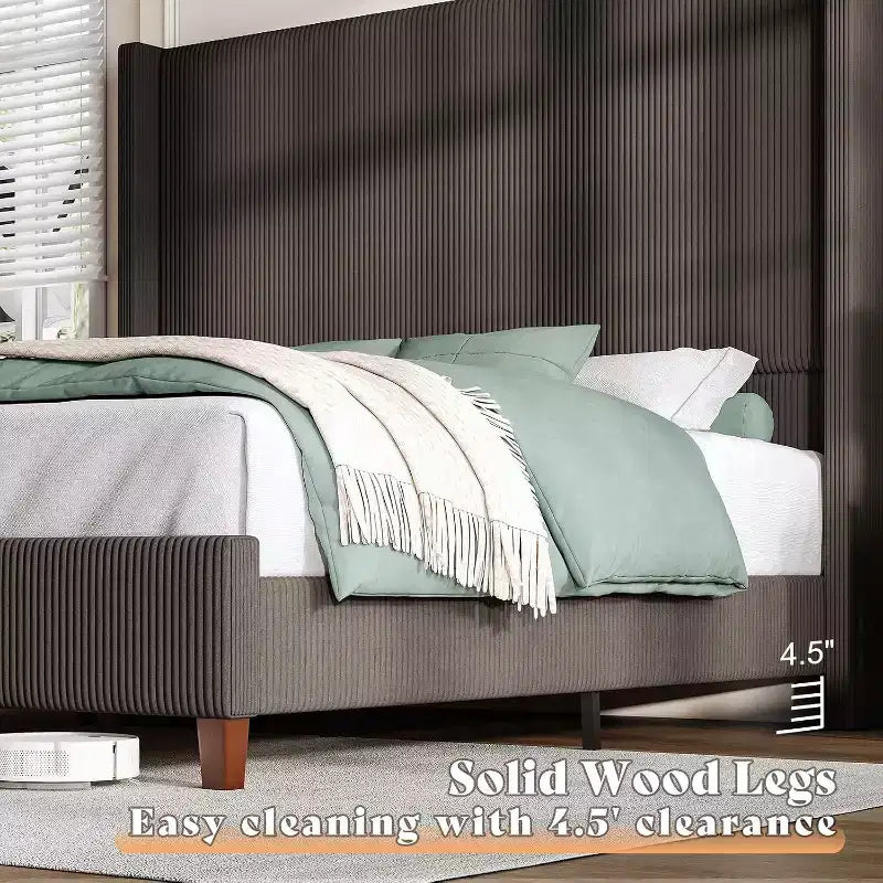 AMERLIFE Size 62 Corduroy Upholstered Bed Frame Extra Tall Wingback Headboard