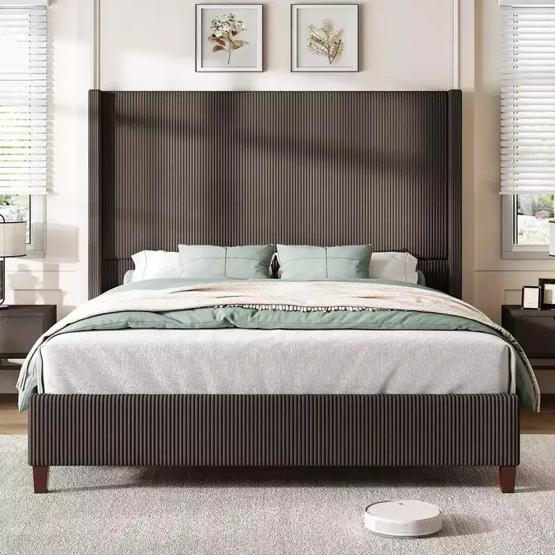 AMERLIFE Size 62 Corduroy Upholstered Bed Frame Extra Tall Wingback Headboard