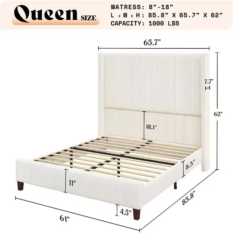 AMERLIFE Size 62 Corduroy Upholstered Bed Frame Extra Tall Wingback Headboard