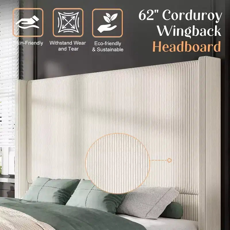 AMERLIFE Size 62 Corduroy Upholstered Bed Frame Extra Tall Wingback Headboard