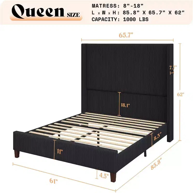 AMERLIFE Size 62 Corduroy Upholstered Bed Frame Extra Tall Wingback Headboard