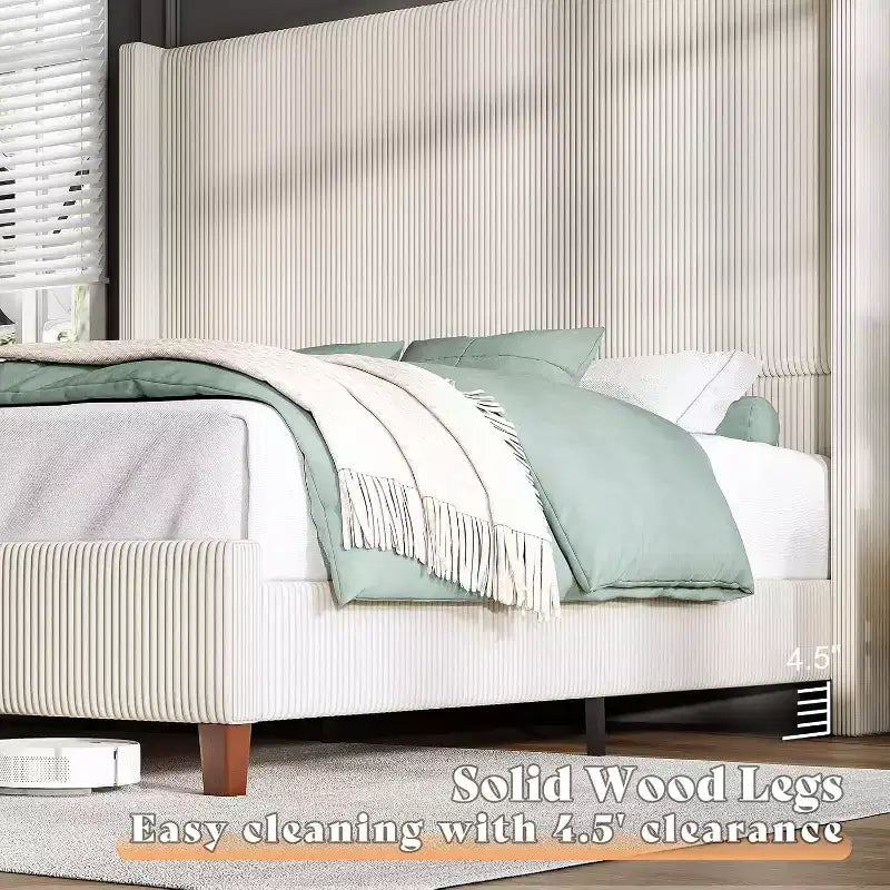AMERLIFE Size 62 Corduroy Upholstered Bed Frame Extra Tall Wingback Headboard