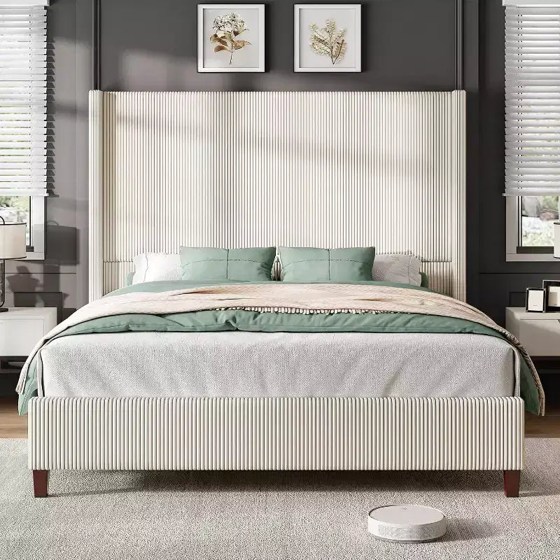 AMERLIFE Size 62 Corduroy Upholstered Bed Frame Extra Tall Wingback Headboard