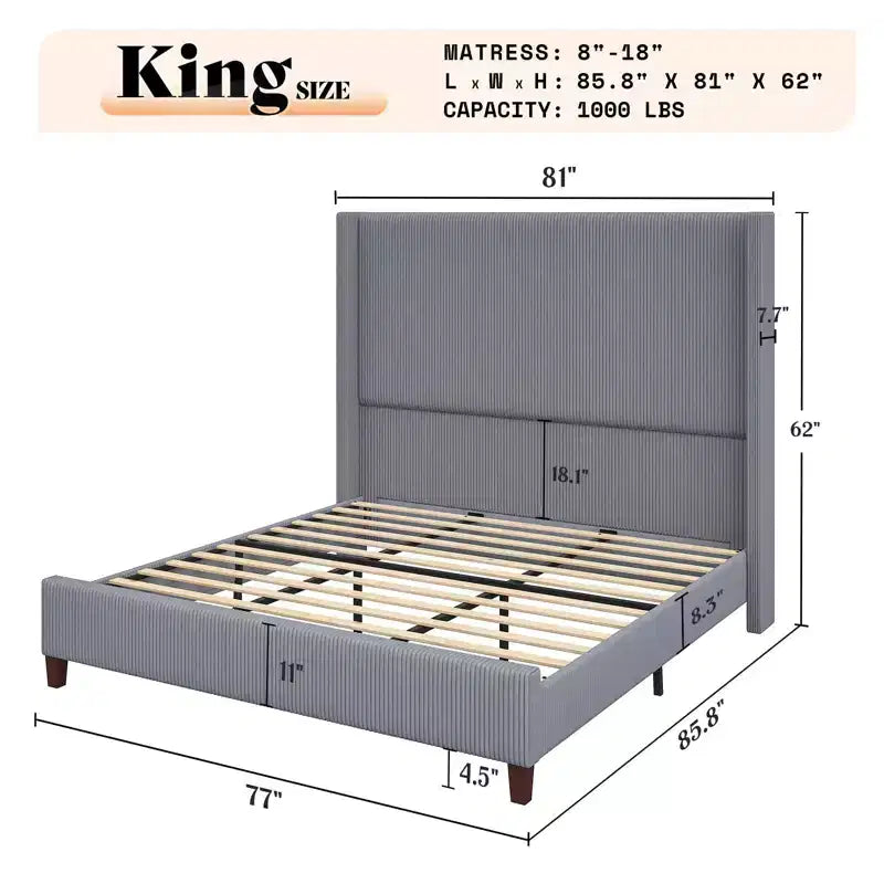 AMERLIFE Size 62 Corduroy Upholstered Bed Frame Extra Tall Wingback Headboard