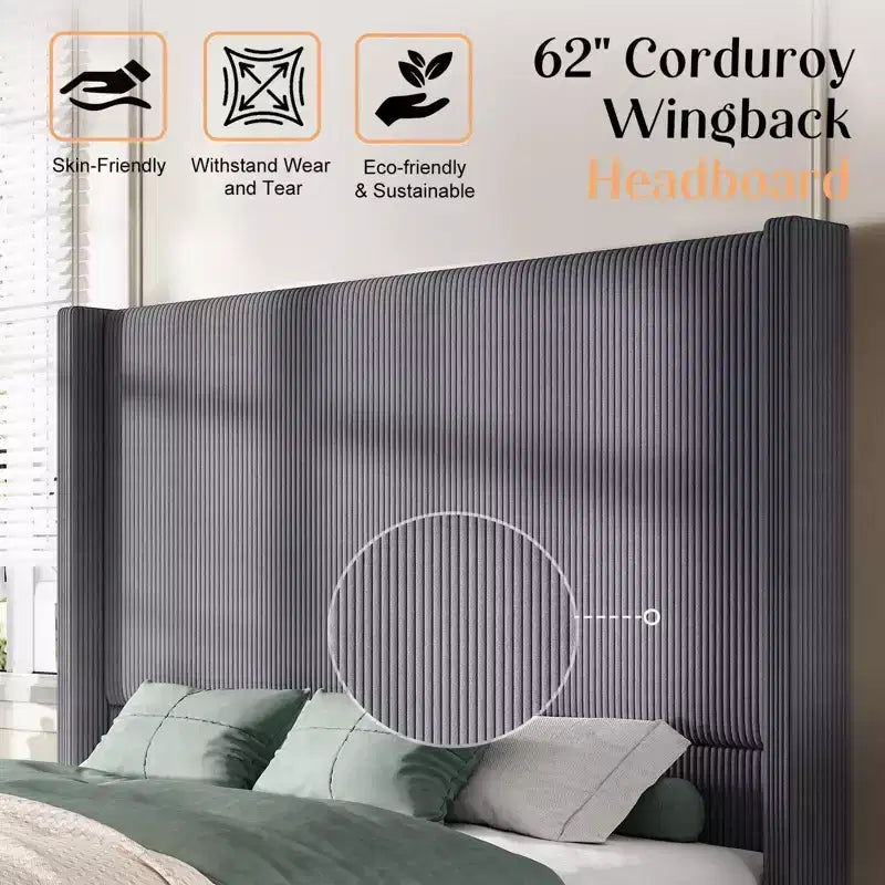 AMERLIFE Size 62 Corduroy Upholstered Bed Frame Extra Tall Wingback Headboard