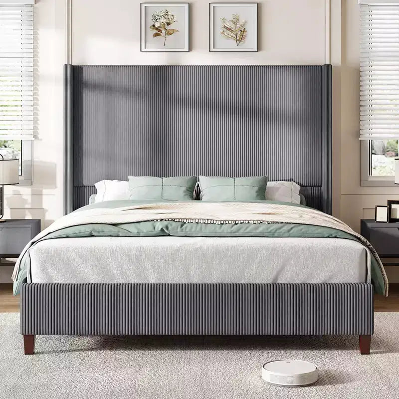 AMERLIFE Size 62 Corduroy Upholstered Bed Frame Extra Tall Wingback Headboard