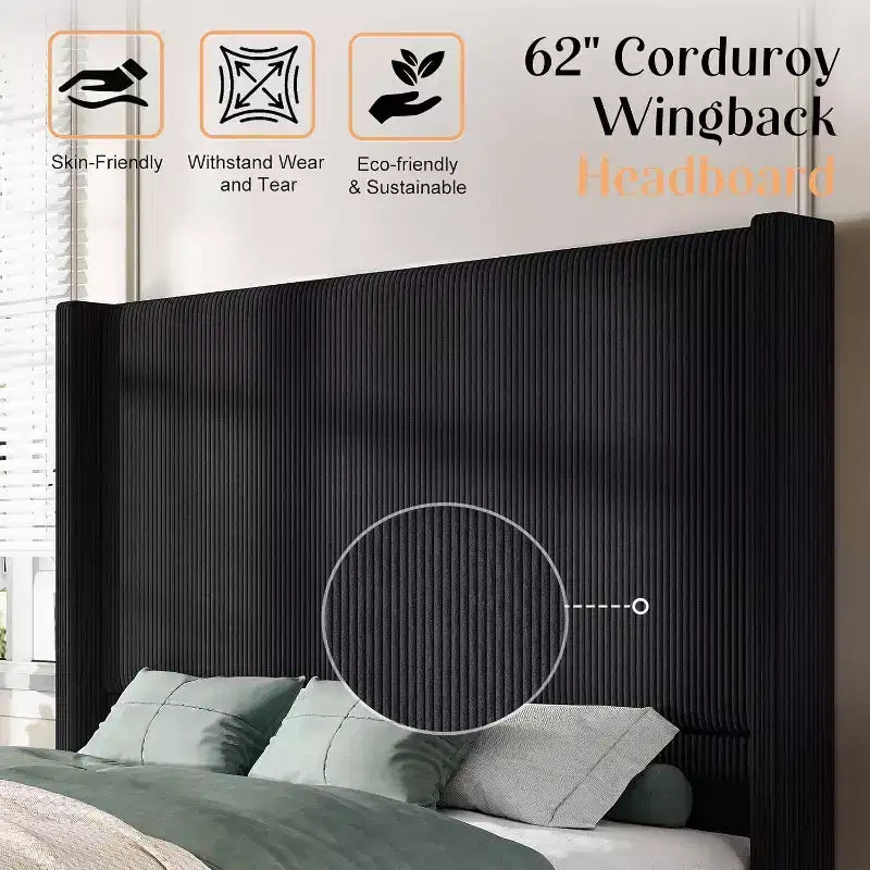AMERLIFE Size 62 Corduroy Upholstered Bed Frame Extra Tall Wingback Headboard