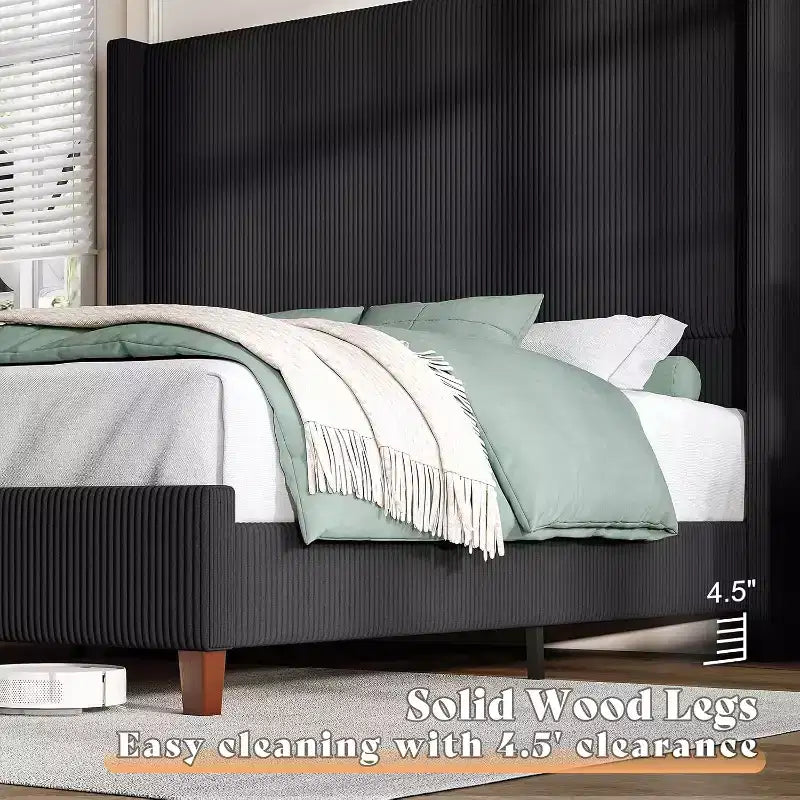 AMERLIFE Size 62 Corduroy Upholstered Bed Frame Extra Tall Wingback Headboard