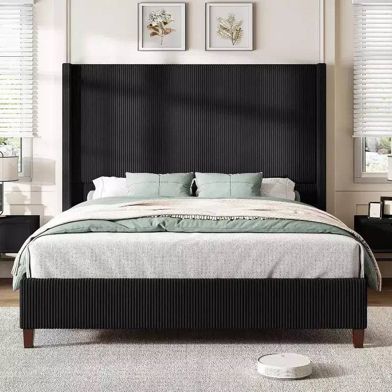 AMERLIFE Size 62 Corduroy Upholstered Bed Frame Extra Tall Wingback Headboard