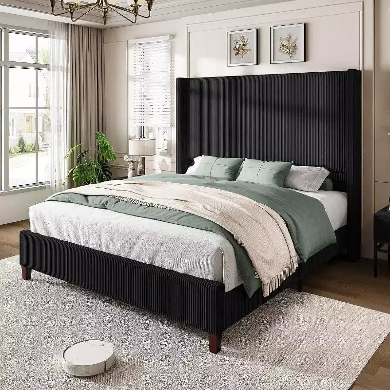 AMERLIFE Size 62 Corduroy Upholstered Bed Frame Extra Tall Wingback Headboard