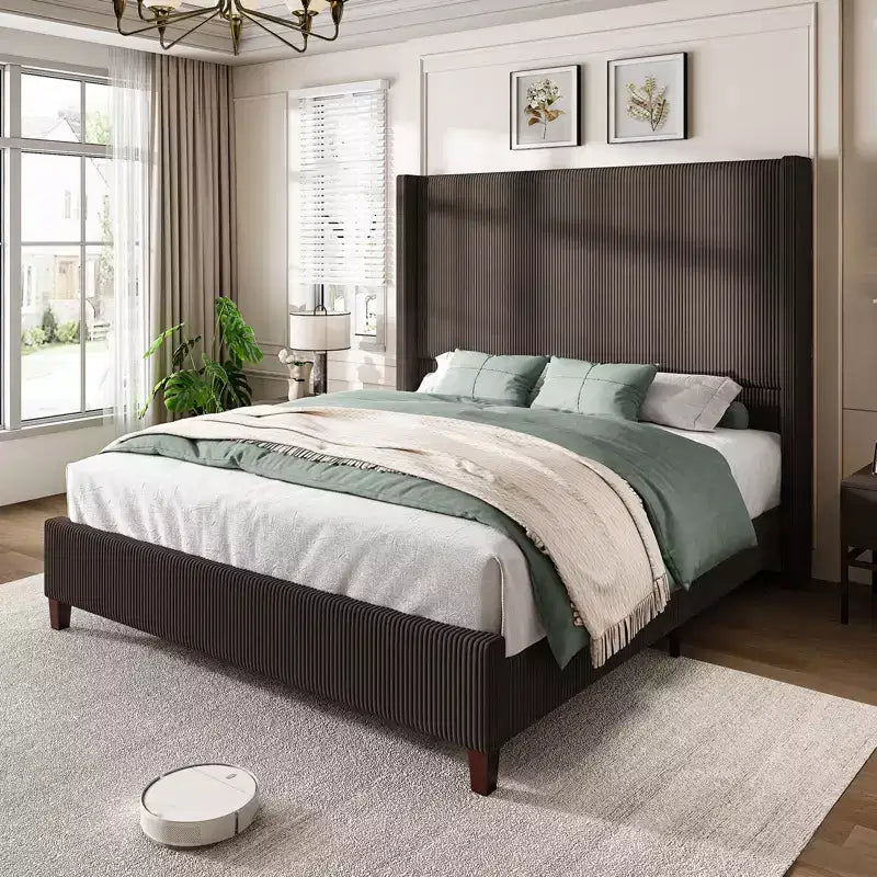 AMERLIFE Size 62 Corduroy Upholstered Bed Frame Extra Tall Wingback Headboard