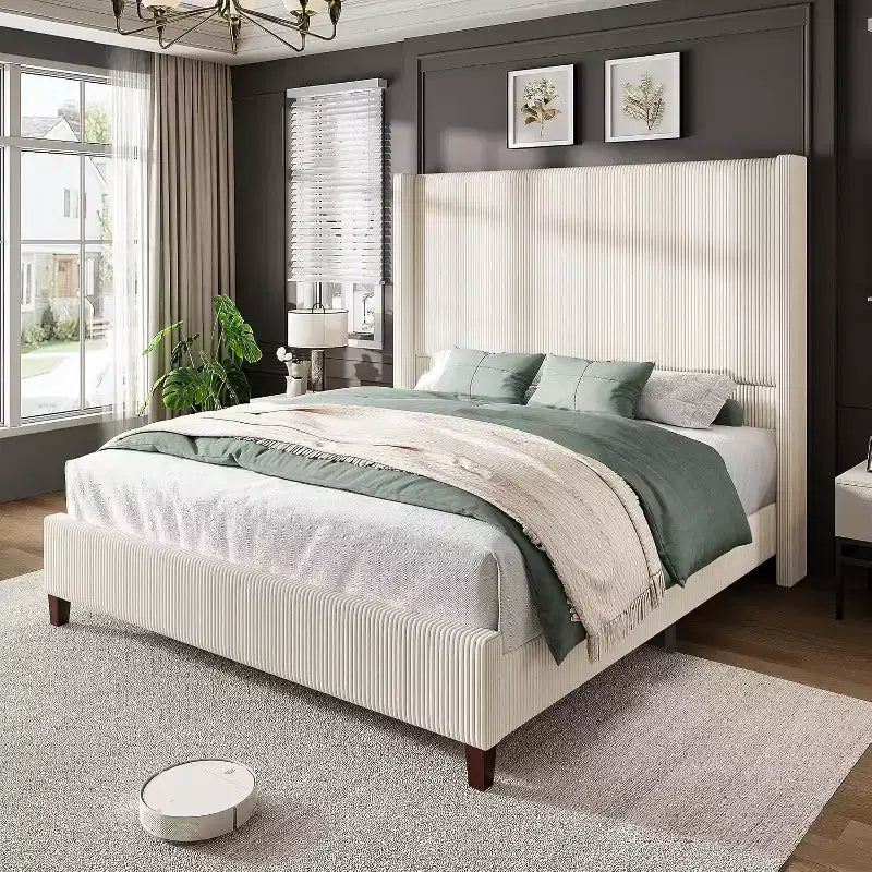 AMERLIFE Size 62 Corduroy Upholstered Bed Frame Extra Tall Wingback Headboard