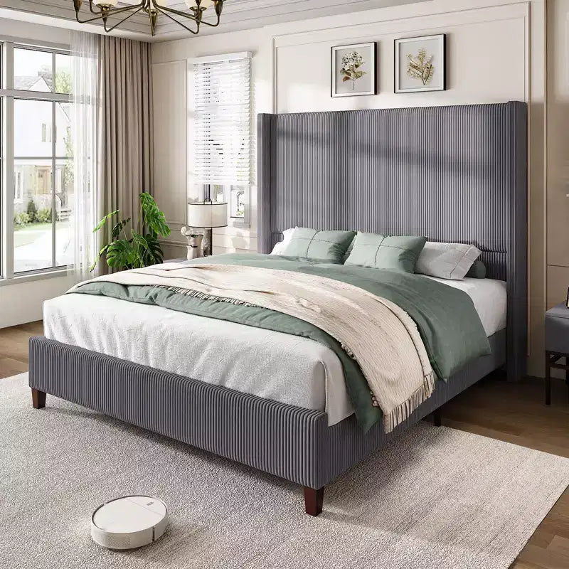 AMERLIFE Size 62 Corduroy Upholstered Bed Frame Extra Tall Wingback Headboard