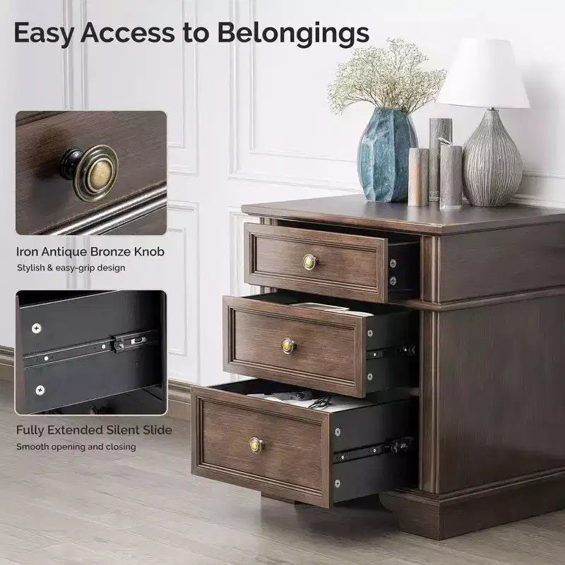 Karl Home 24.02in. W Solid wood 3 drawer nightstand with 2 Usb