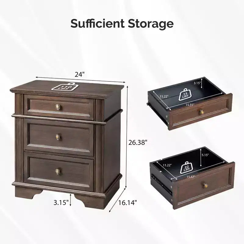 Karl Home 24.02in. W Solid wood 3 drawer nightstand with 2 Usb