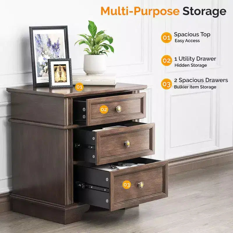 Karl Home 24.02in. W Solid wood 3 drawer nightstand with 2 Usb