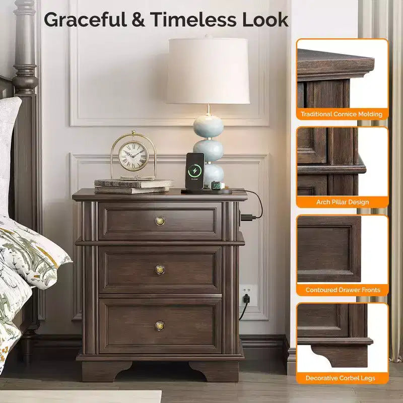 Karl Home 24.02in. W Solid wood 3 drawer nightstand with 2 Usb