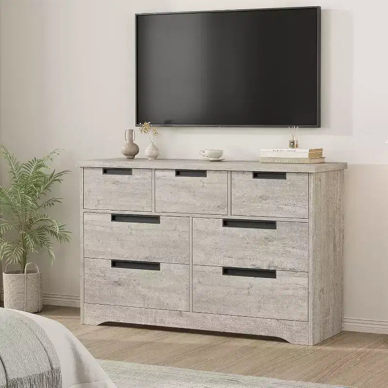 7-Drawer Dresser for Bedroom, Modern Gray Chest with Recessed Handles, Wooden Storage Organizer for Living Room, Nursery, Hallway, or Entryway