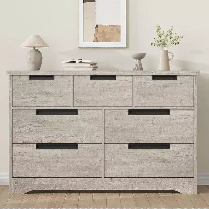 7-Drawer Dresser for Bedroom, Modern Gray Chest with Recessed Handles, Wooden Storage Organizer for Living Room, Nursery, Hallway, or Entryway