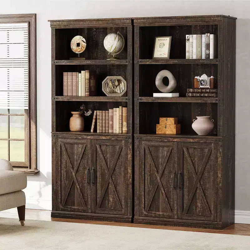 70 inch Tall Farmhouse Bookcases with Doors - 5 Tier Bookshelf, Bookshelf and Bookcase, Wooden Storage Cabinet for Living Room, Home, Office, Bedroom