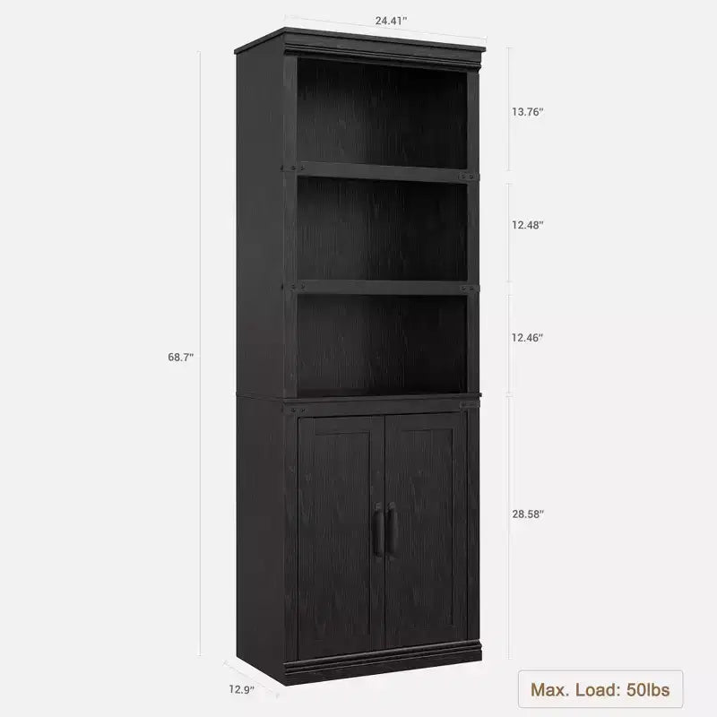 70 inch Tall Farmhouse Bookcases with Doors - 5 Tier Bookshelf, Bookshelf and Bookcase, Wooden Storage Cabinet for Living Room, Home, Office, Bedroom
