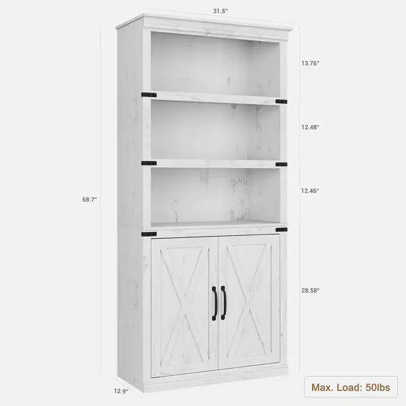 70 inch Tall Farmhouse Bookcases with Doors - 5 Tier Bookshelf, Bookshelf and Bookcase, Wooden Storage Cabinet for Living Room, Home, Office, Bedroom