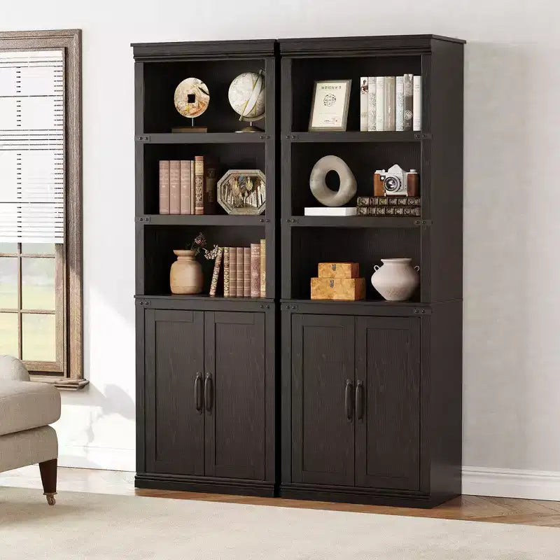 70 inch Tall Farmhouse Bookcases with Doors - 5 Tier Bookshelf, Bookshelf and Bookcase, Wooden Storage Cabinet for Living Room, Home, Office, Bedroom