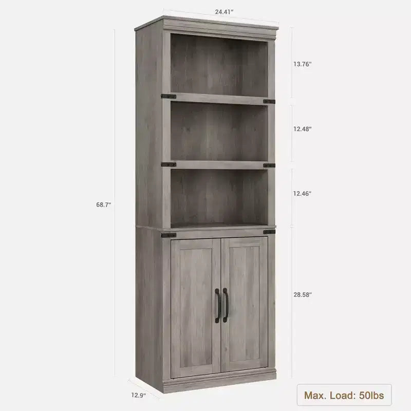 70 inch Tall Farmhouse Bookcases with Doors - 5 Tier Bookshelf, Bookshelf and Bookcase, Wooden Storage Cabinet for Living Room, Home, Office, Bedroom