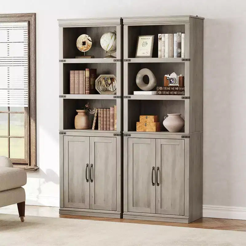 70 inch Tall Farmhouse Bookcases with Doors - 5 Tier Bookshelf, Bookshelf and Bookcase, Wooden Storage Cabinet for Living Room, Home, Office, Bedroom
