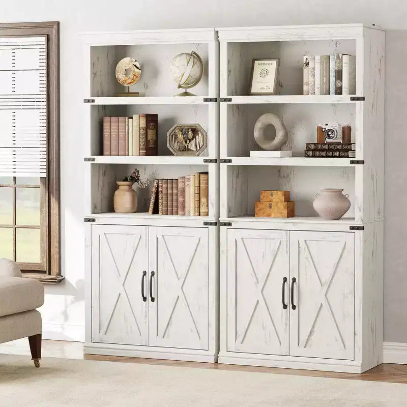 70 inch Tall Farmhouse Bookcases with Doors - 5 Tier Bookshelf, Bookshelf and Bookcase, Wooden Storage Cabinet for Living Room, Home, Office, Bedroom