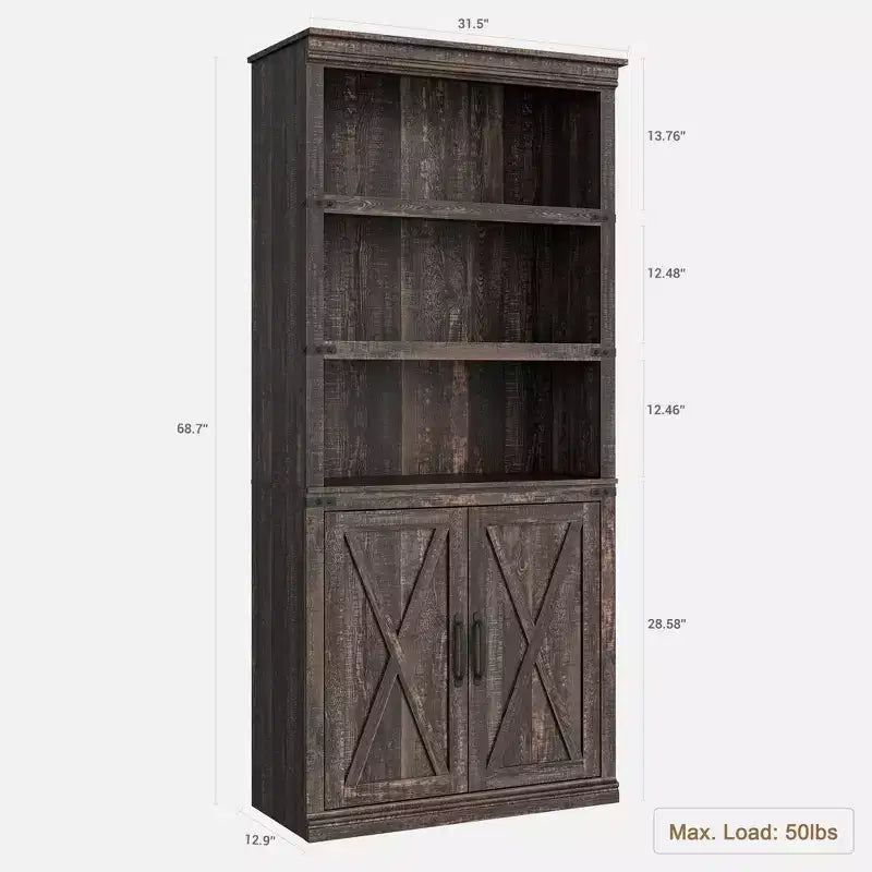 70 inch Tall Farmhouse Bookcases with Doors - 5 Tier Bookshelf, Bookshelf and Bookcase, Wooden Storage Cabinet for Living Room, Home, Office, Bedroom