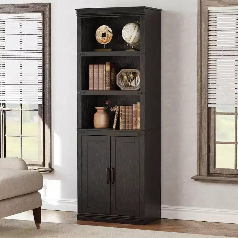 70 inch Tall Farmhouse Bookcases with Doors - 5 Tier Bookshelf, Bookshelf and Bookcase, Wooden Storage Cabinet for Living Room, Home, Office, Bedroom