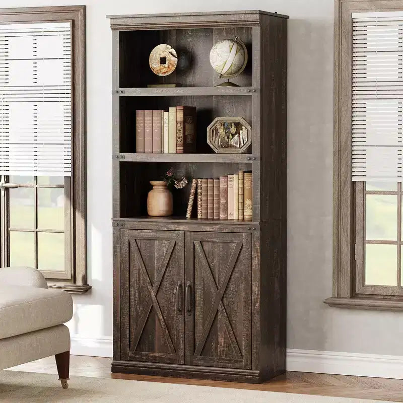 70 inch Tall Farmhouse Bookcases with Doors - 5 Tier Bookshelf, Bookshelf and Bookcase, Wooden Storage Cabinet for Living Room, Home, Office, Bedroom