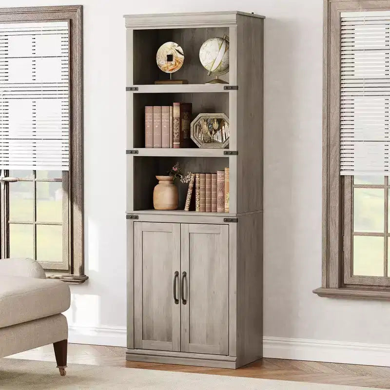 70 inch Tall Farmhouse Bookcases with Doors - 5 Tier Bookshelf, Bookshelf and Bookcase, Wooden Storage Cabinet for Living Room, Home, Office, Bedroom