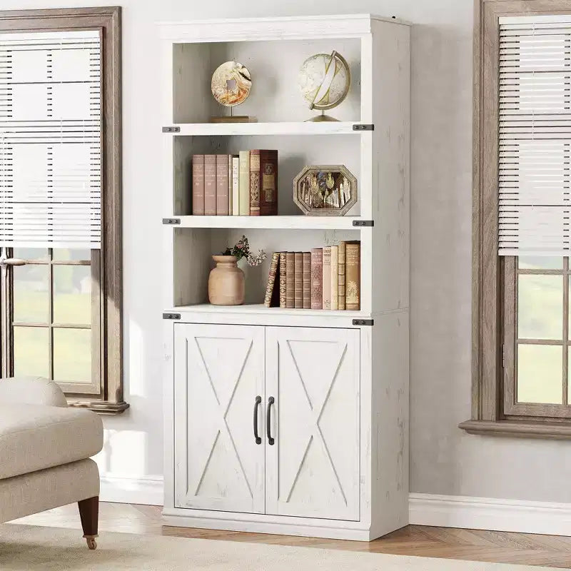 70 inch Tall Farmhouse Bookcases with Doors - 5 Tier Bookshelf, Bookshelf and Bookcase, Wooden Storage Cabinet for Living Room, Home, Office, Bedroom