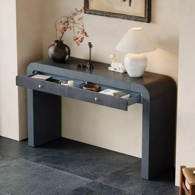 Rustic Console Table with Fluted Drawer and Curved Corners, Entryway Table with Thick Legs and Storage Drawer for Living Room - ModernLuxe