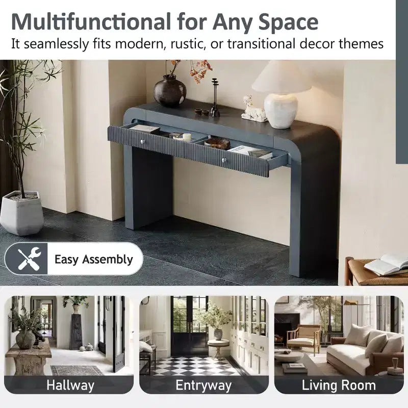Rustic Console Table with Fluted Drawer and Curved Corners, Entryway Table with Thick Legs and Storage Drawer for Living Room - ModernLuxe