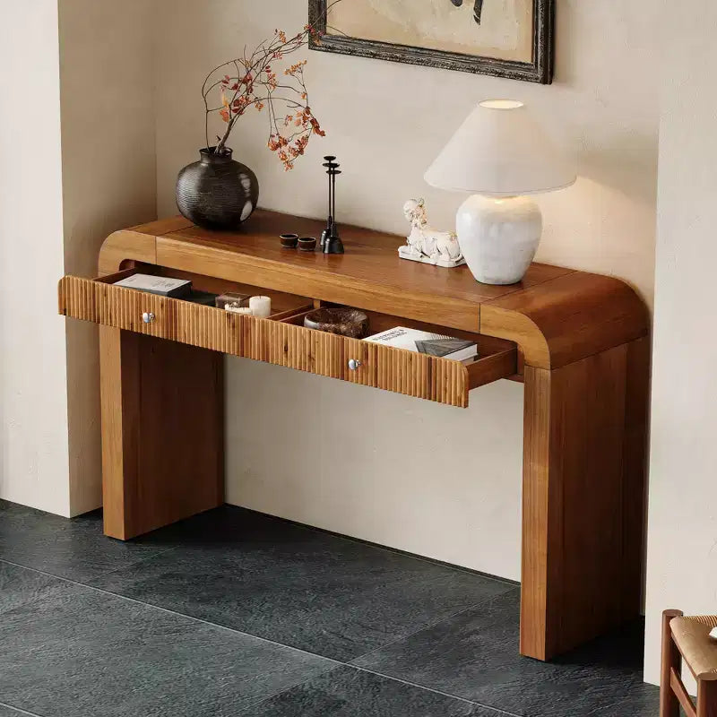 Rustic Console Table with Fluted Drawer and Curved Corners, Entryway Table with Thick Legs and Storage Drawer for Living Room - ModernLuxe