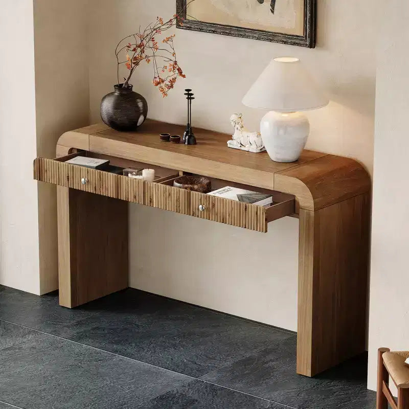 Rustic Console Table with Fluted Drawer and Curved Corners, Entryway Table with Thick Legs and Storage Drawer for Living Room - ModernLuxe