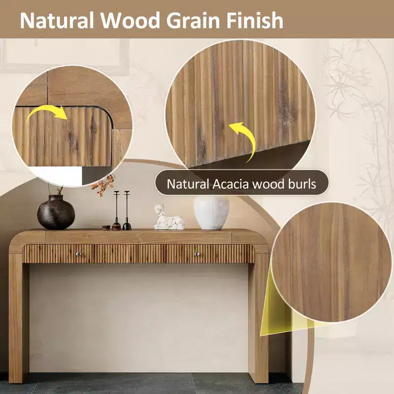 Rustic Console Table with Fluted Drawer and Curved Corners, Entryway Table with Thick Legs and Storage Drawer for Living Room - ModernLuxe